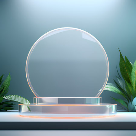 Abstract background with round glass podium and tropical leaves. Vector illustration.の素材
