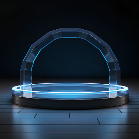 Empty round podium illuminated with blue neon light. 3D Renderingの素材
