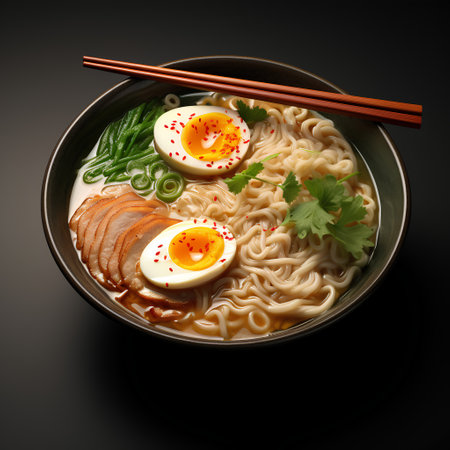 Japanese ramen noodle soup with egg and pork in bowl on black backgroundの素材