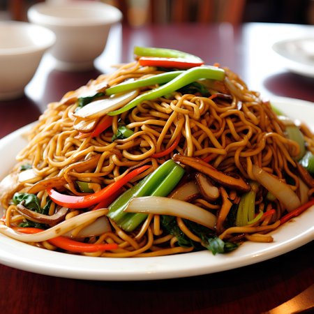 chinese cuisine. fried noodle with vegetables on the table.の素材