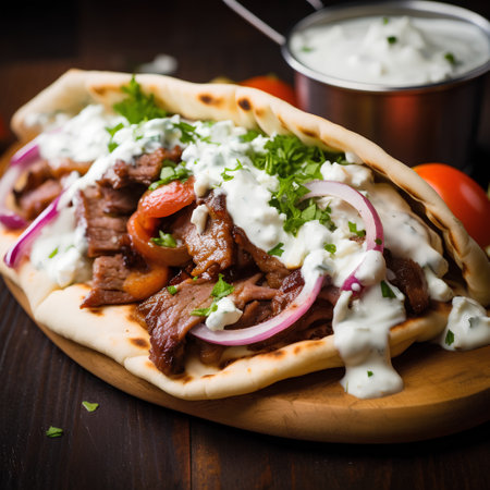 Traditional turkish baked dish pide with meat, onion and tzatzikiの素材
