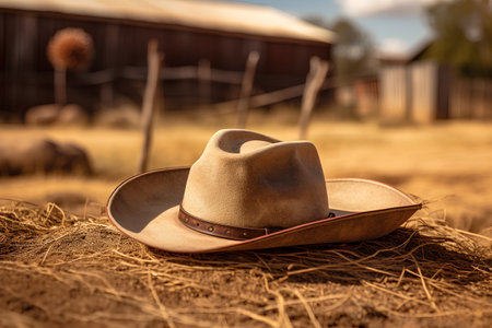 Cowboy hat on a background of old barn. Vintage style.の素材