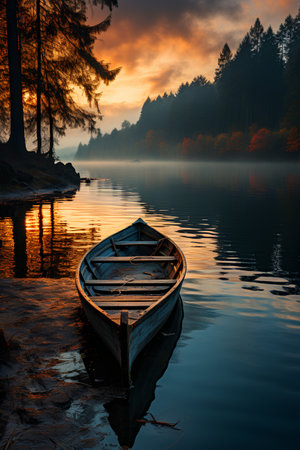 Fishing boat on the lake at sunrise. Beautiful autumn landscape.の素材