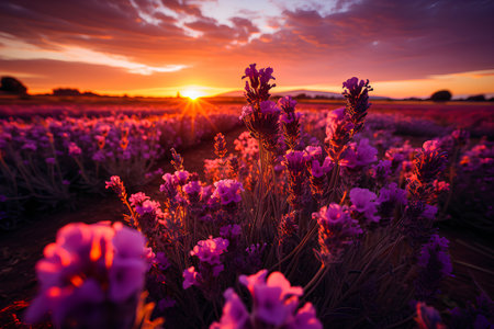 Sunset over lavender field in Provence, France.の素材