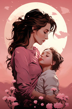 Mother with her little daughter in the moonlight. Vector illustration.の素材