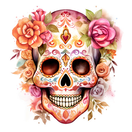 Watercolor sugar skull with floral ornament. Hand painted illustration isolated on white backgroundの素材