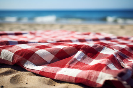 checkered tablecloth on the beach with sea and sky backgroundの素材