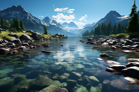 Fantastic mountain landscape with clear lake and snow-capped peaksの素材