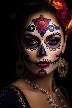 Beautiful young woman with sugar skull makeup over black background. Dia de los muertos. Day of The Dead. Halloween.の素材