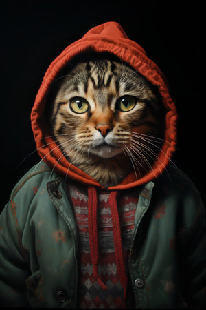 Portrait of a cat in a warm jacket on a black background.の素材