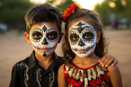 Cute little girl and boy with sugar skull makeup for halloweenの素材