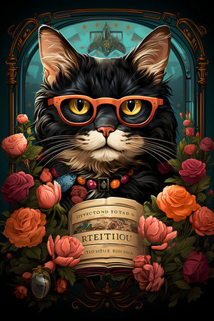 Cute black cat in glasses with rose bouquet. Vector illustrationの素材