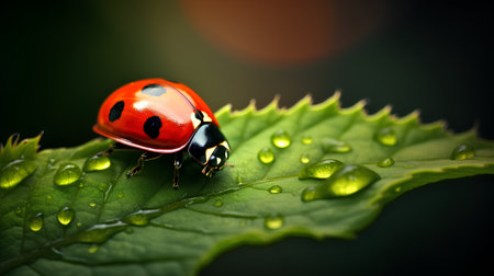 Beautiful red ladybug on green leaf with dew drops.の素材