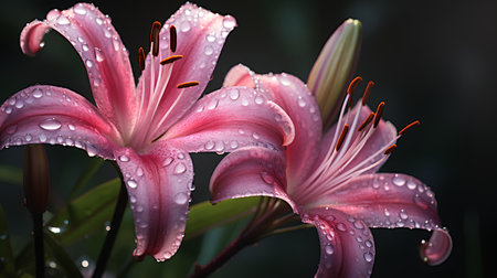 Beautiful pink lily flowers with dew drops on dark backgroundの素材