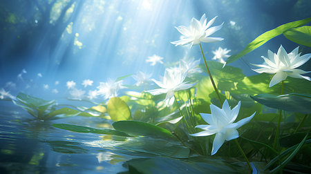 White lotus flower in the pond with sunbeams background.の素材
