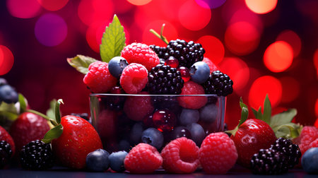 Blackberry, raspberry and blueberry in glass bowl on bokeh backgroundの素材