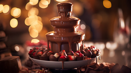 Chocolate fondue on a cake stand in front of Christmas lightsの素材