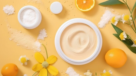 cosmetic cream with lemon and chamomile on yellow backgroundの素材