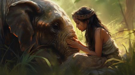 Little girl with an elephant in the jungle. 3d rendering.の素材