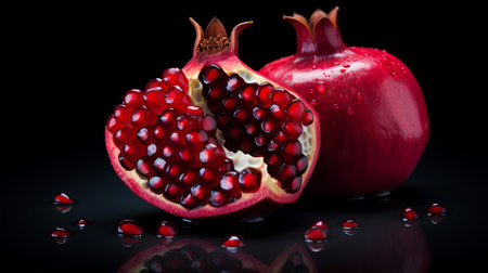 Ripe pomegranate fruit with water drops on black backgroundの素材