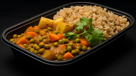 Curry with vegetables and rice in a plastic container on a black backgroundの素材
