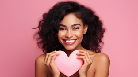 Portrait of a beautiful woman with pink heart on a pink backgroundの素材