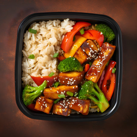 Baked teriyaki chicken with rice and vegetables in plastic container on brown backgroundの素材