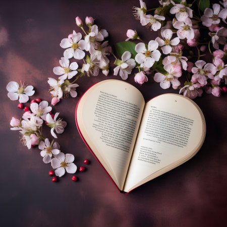Bouquet of cherry blossoms and open book on dark backgroundの素材