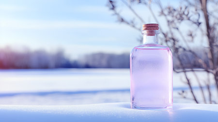Glass bottle with pink liquid on the snow. Winter nature background.の素材