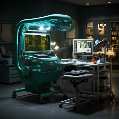 3D rendering of an operating room with a green robot in the foregroundの素材