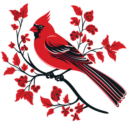 Red cardinal bird on a branch with red flowers. Vector illustration.の素材