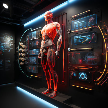 human body anatomy scan in futuristic science laboratory 3d rendering for medical, science, technology, chemistry and people conceptの素材