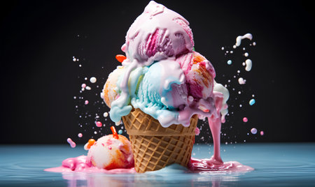 Ice cream in waffle cone with splashes on dark background.の素材