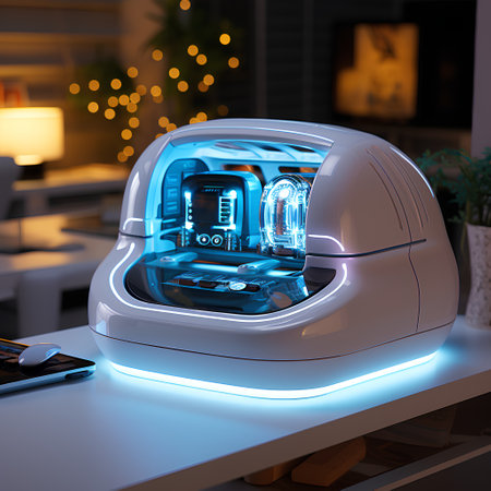 Robot vacuum cleaner in the office. 3D rendering. Neon light.の素材