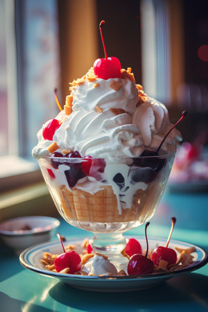 Ice cream sundae with whipped cream and cherries in a glass bowlの素材