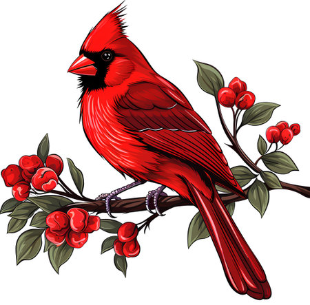 Red cardinal bird sitting on a branch with red berries. Vector illustration.の素材