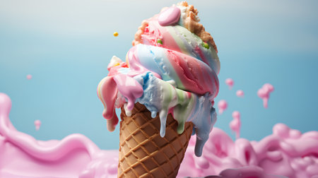 Ice cream in a waffle cone with pink, blue, green, yellow and white ice cream. 3d renderingの素材