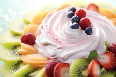 Fruit cake with whipped cream and fresh berries. Shallow dof.の素材
