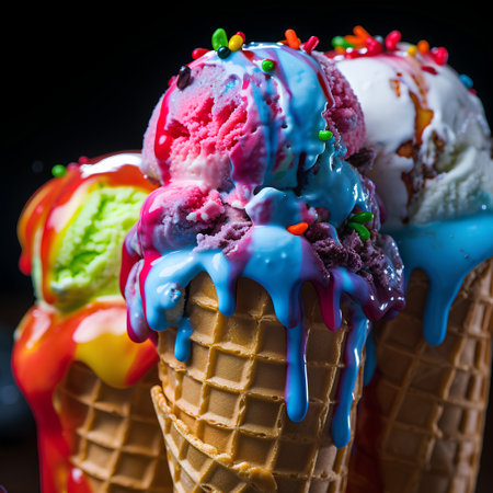 Ice cream scoops of different colors and flavors in waffle conesの素材