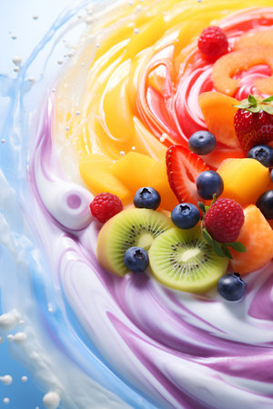 Fruit salad with yogurt and berries in milk splash, closeupの素材