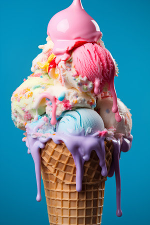 Ice cream scoops in waffle cone isolated on blue background.の素材