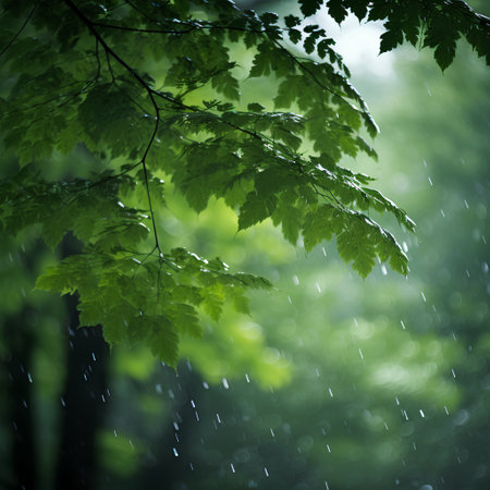 Green leaves with rain drops on a background of the forest landscape.の素材