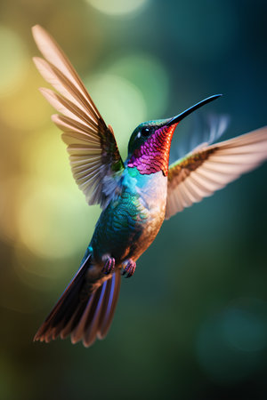 Hummingbird in flight with colorful bokeh background, bird in the nature habitatの素材