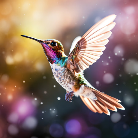 Hummingbird flying in the air with colorful bokeh backgroundの素材