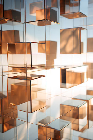 Abstract 3d rendering of golden cubes with light reflections. Futuristic background.の素材