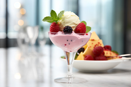 Delicious ice cream with berries in glass on table, closeupの素材
