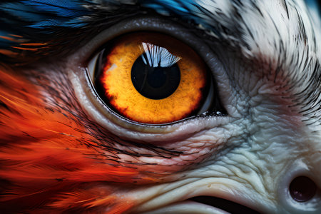 Macro photo of the eye of a parrot with orange feathersの素材
