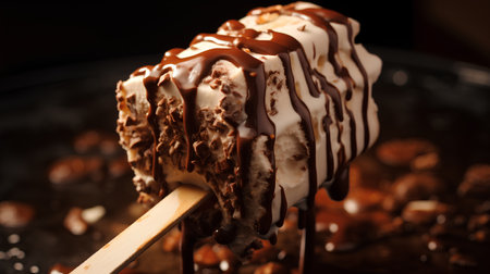 Chocolate ice cream with caramel on a stick. Toned.の素材
