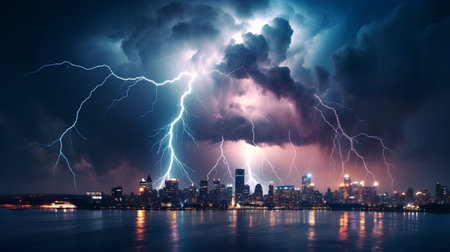 Lightning strikes the city on the background of the river and the city.の素材