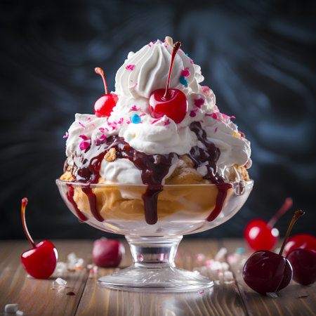 Ice cream with cherries and whipped cream in a glass vaseの素材